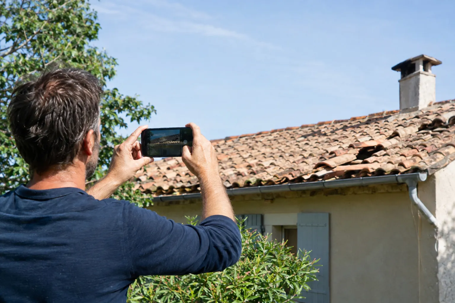 Un propriétaire photographie sa toiture avec un téléphone pour demander un devis
