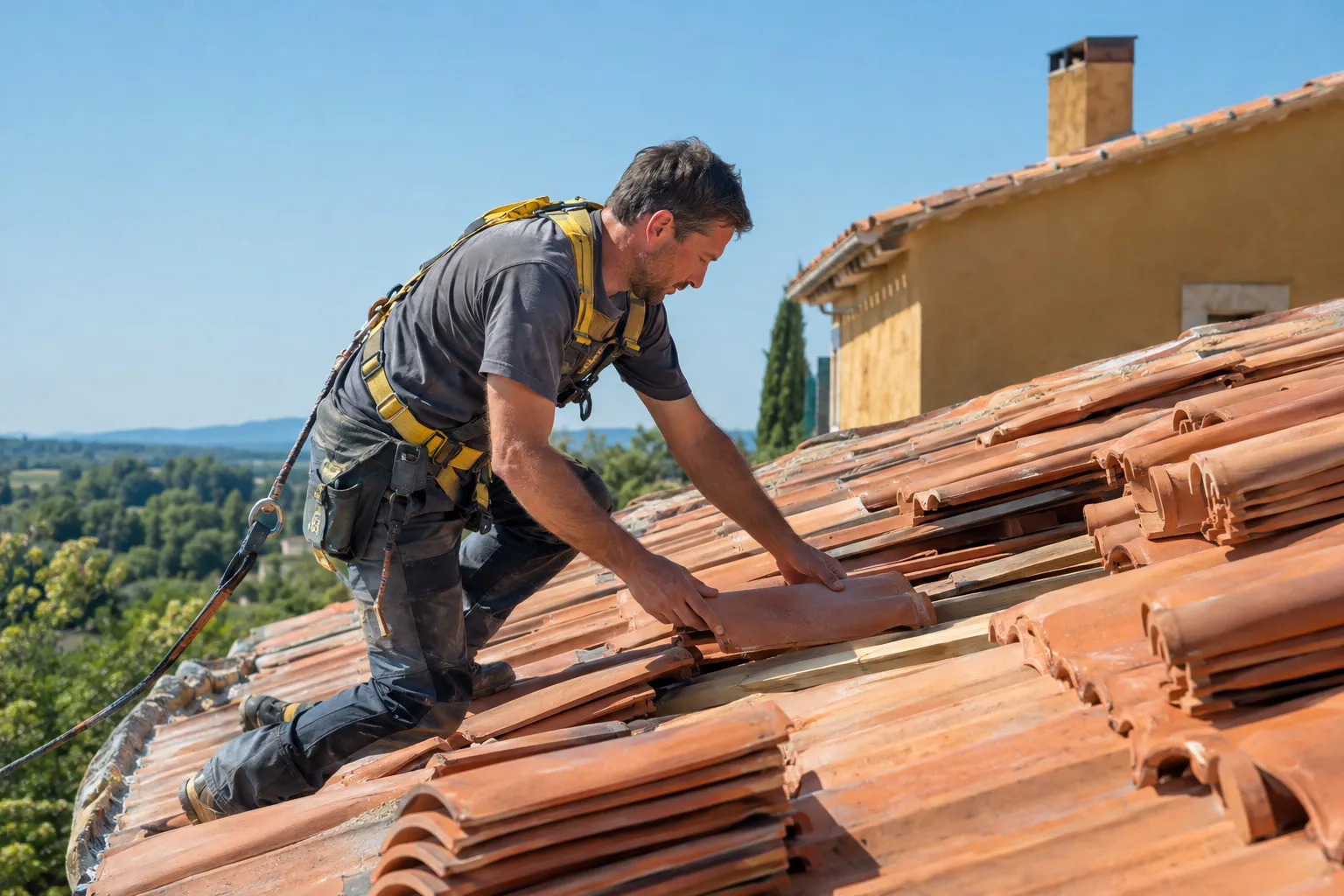 Notre couvreur remplace des tuiles sur une toiture, en sécurité