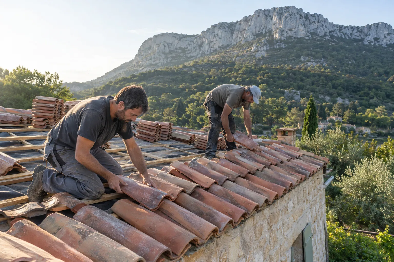 Toiture en tuiles canal d'une maison de la vallée de l'Huveaune près d'Aubagne, avec des couvreurs au travail sur un versant à moitié refait.