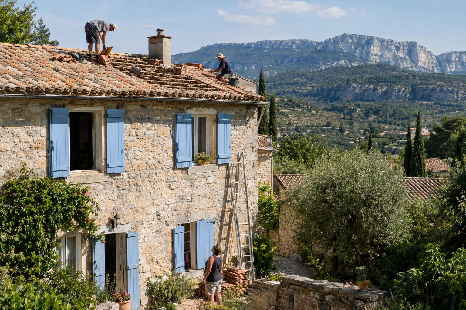 Toitures en tuiles de maisons de Gémenos avec en arrière-plan les reliefs boisés de la Sainte-Baume