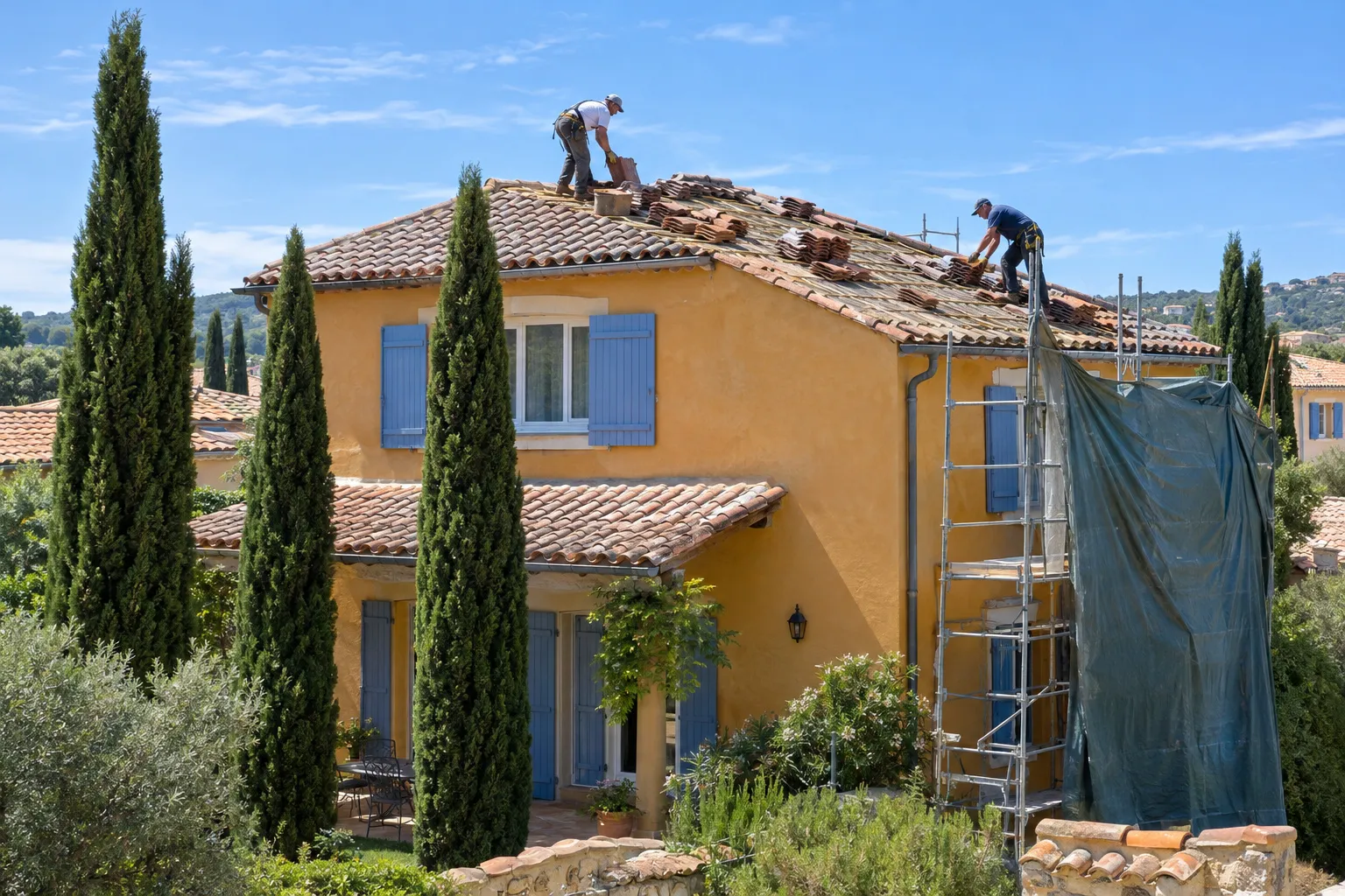 Deux couvreurs déposent d'anciennes tuiles sur le toit d'une villa provençale, échafaudage et bâche en place