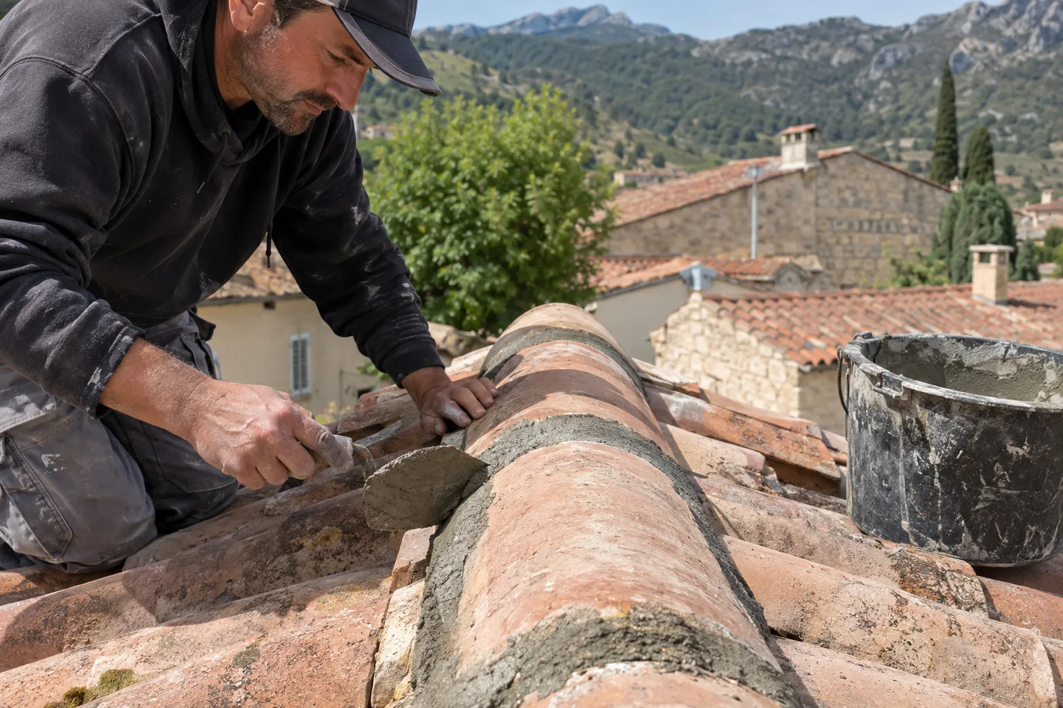Couvreur scellant le faîtage en tuiles au mortier sur une maison de village de Gémenos
