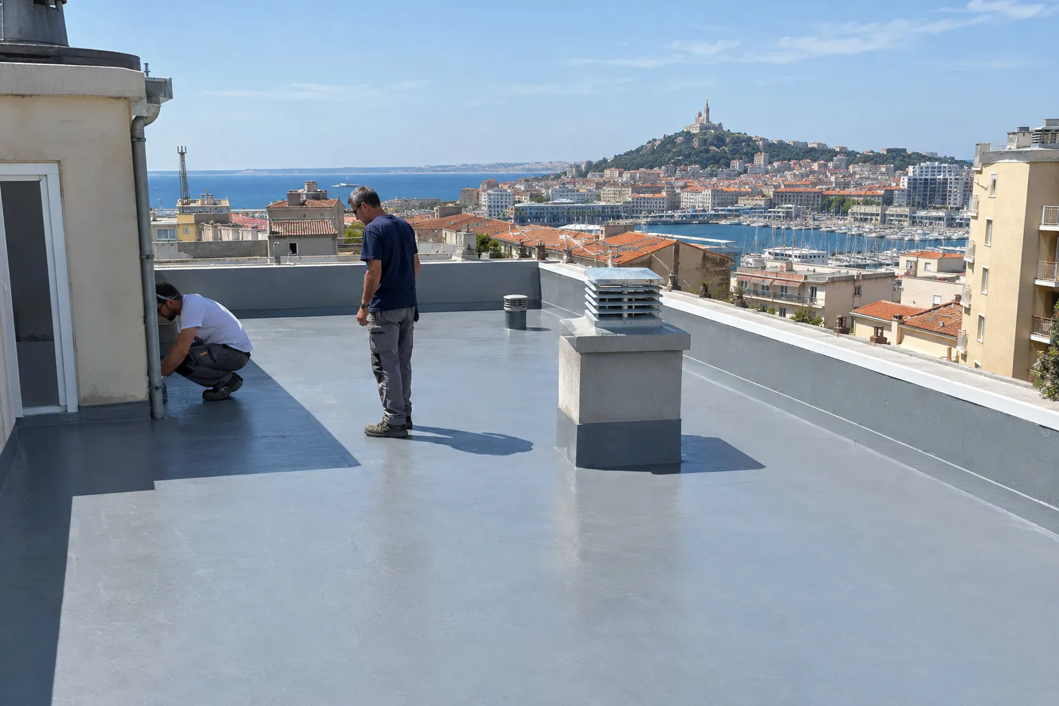 Toit-terrasse d'un immeuble marseillais avec étanchéité neuve terminée et relevés propres