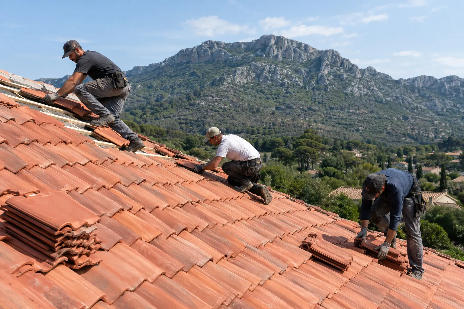 Trois couvreurs posant des tuiles rouges sur un grand pan de toiture, collines en arrière-plan