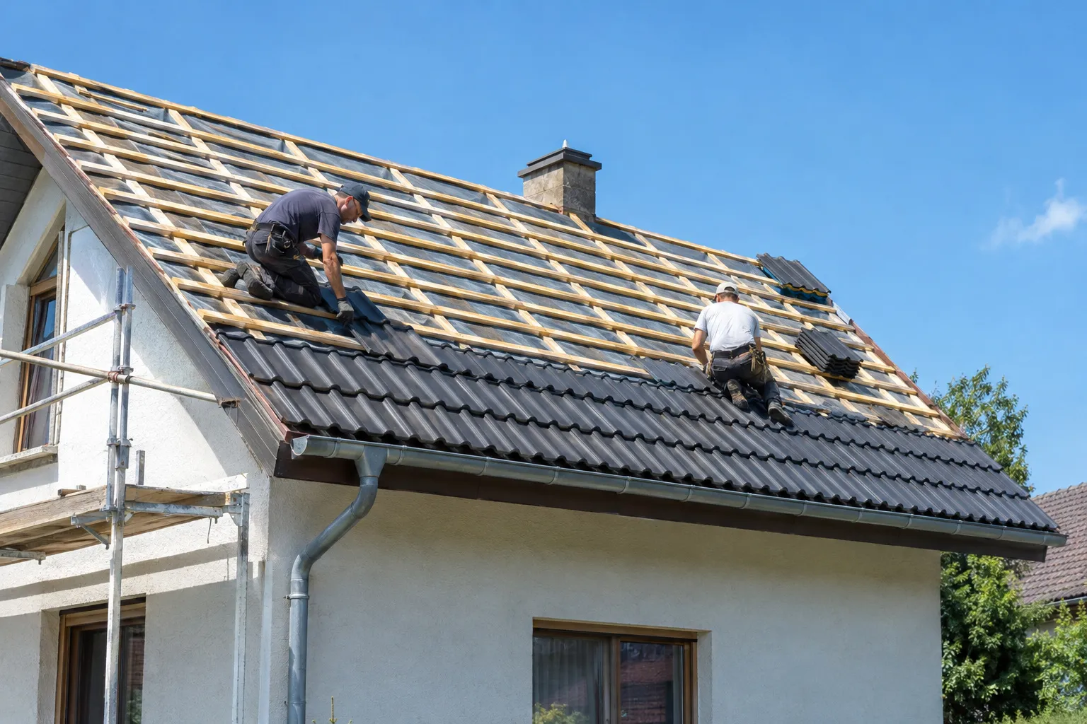 Charpente mise à nu après la dépose de la couverture d'une maison d'Aubagne, avec des liteaux neufs posés sur un écran de sous-toiture.