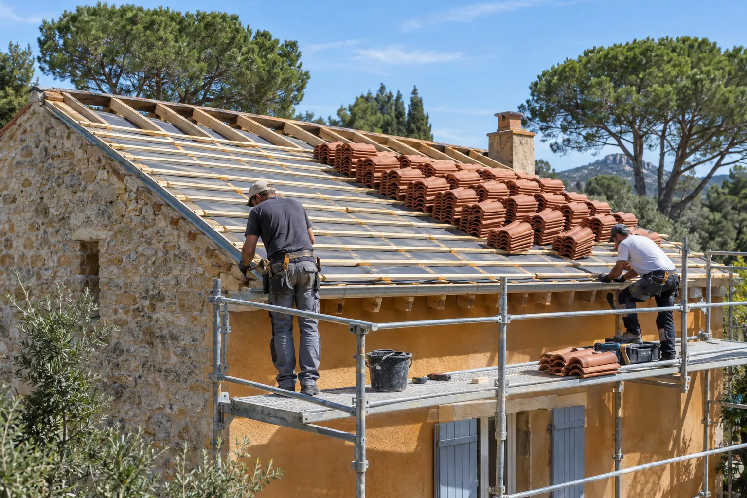 Charpente mise à nu après la dépose de la couverture d’une maison d’Aubagne, avec des liteaux neufs posés sur un écran de sous-toiture.