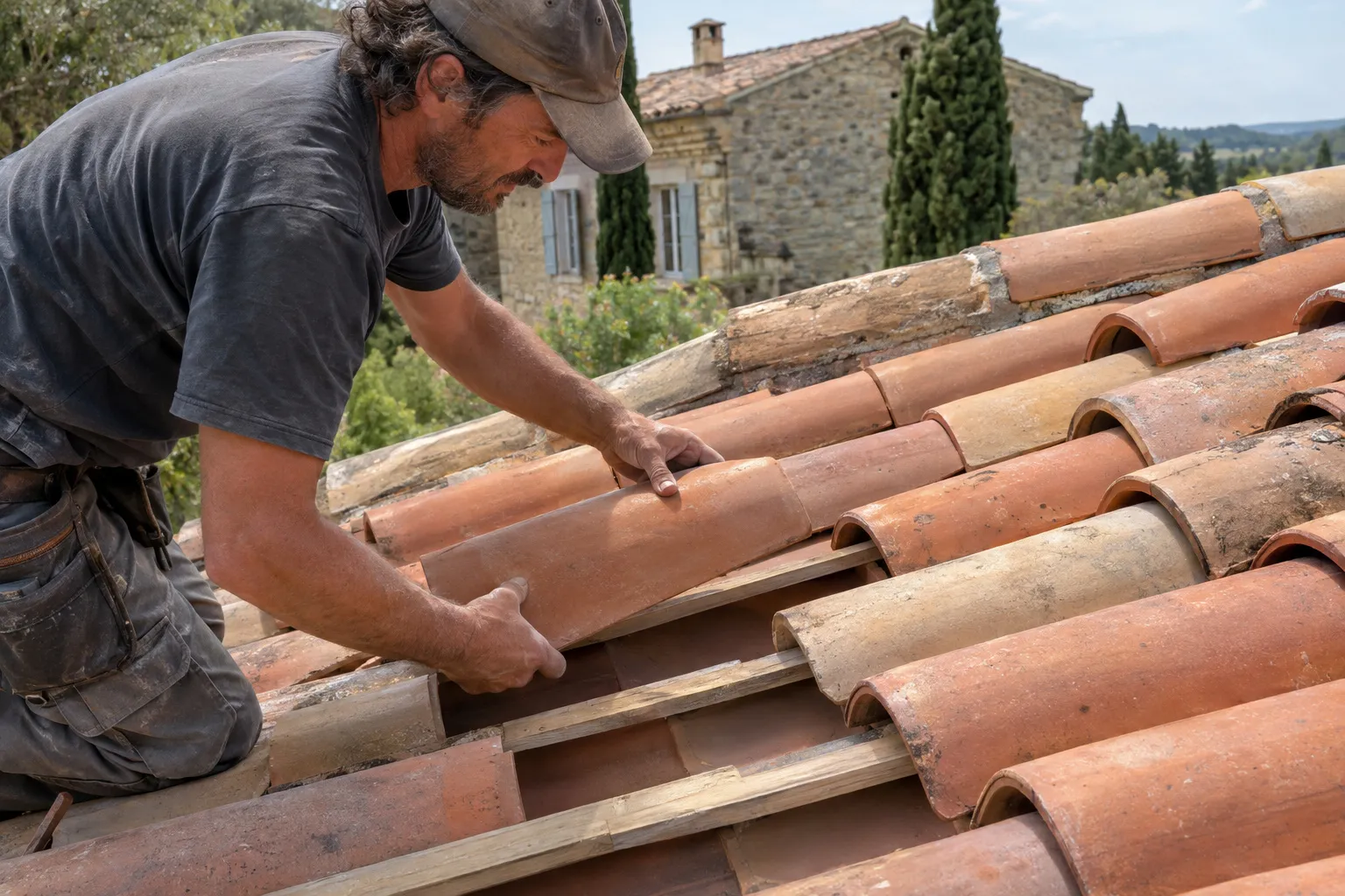 Couvreur reposant des tuiles canal rang par rang sur le toit d'une maison ancienne d'Aubagne, tuiles de courant et tuiles de couvert alternées.