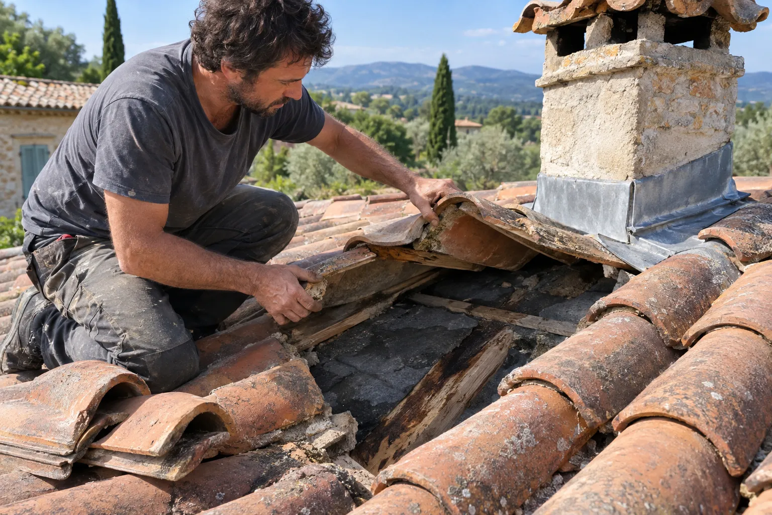 Couvreur soulevant une rangée de tuiles canal pour examiner une zone humide sous la couverture, près d’une souche de cheminée
