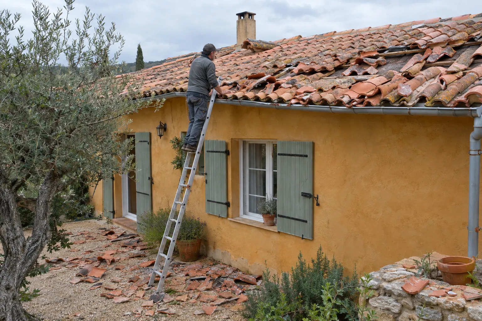 Couvreur sur une toiture de tuiles canal d'une maison d'Aubagne, tuiles brisées et déplacées après un orage de grêle, appareil photo à la main.