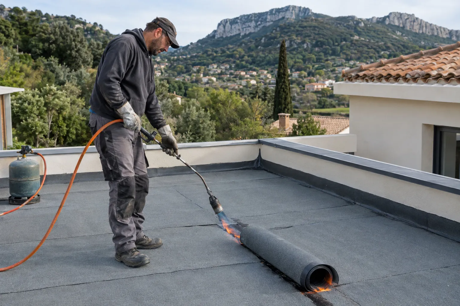 Couvreur qui raccorde une membrane d'étanchéité au relevé d'un acrotère sur le toit plat d'une villa près d'Aubagne, ciel bleu et collines.
