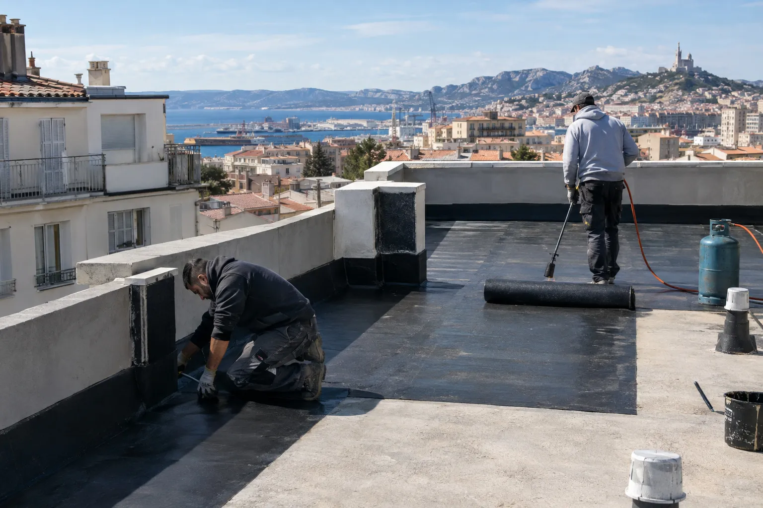 Toit-terrasse d’une villa de Marseille Est avec relevés d’étanchéité neufs et vue sur les collines de la vallée de l’Huveaune.