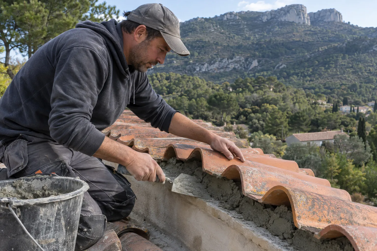 Couvreur scellant au mortier les tuiles canal d’une rive de toiture, avec les contreforts boisés de la Sainte-Baume en arrière-plan